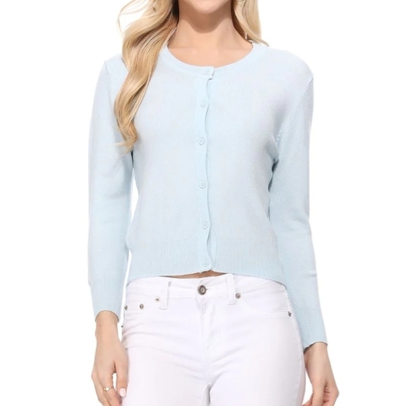 YEMAK Knit Cardigan Sweater 3/4 Sleeve Crewneck Basic Classic Women's Size L NWT - Picture 1 of 7